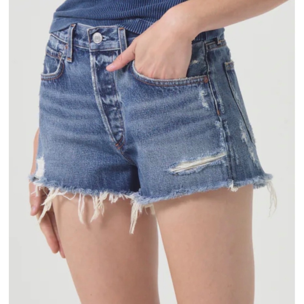 AGOLDE Parker High Rise Distressed Denim Shorts Medium Wash Blue Cut Offs - Picture 2 of 8